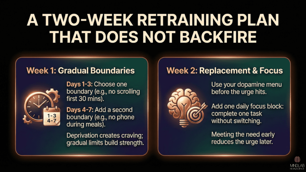 Two-week timeline infographic with week-one gradual boundaries and week-two replacement strategies using copper-gold radiant icons and deep indigo-emerald backgrounds.