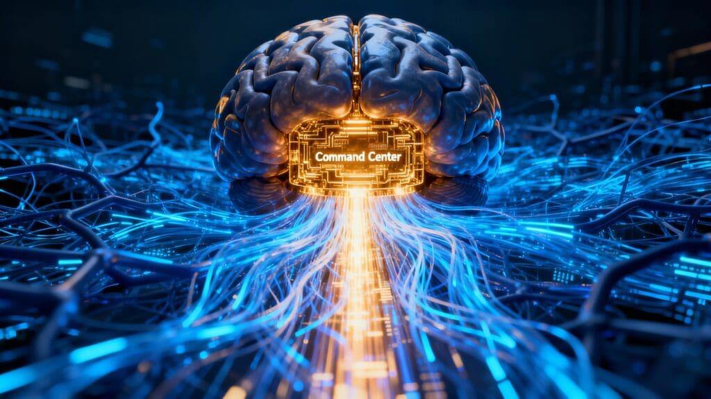 The image depicts a 3D illustration of the brain's prefrontal cortex glowing gold, acting as a command center that manages ADHD and executive function data.