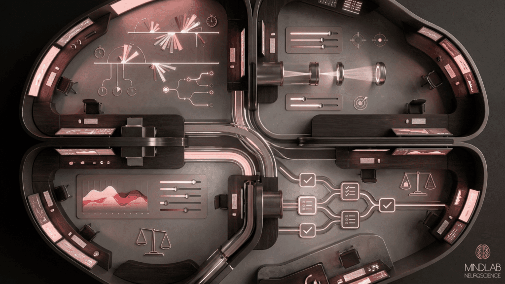 ADHD and executive function visualized as a futuristic control center showing how planning, focus, and regulation work inside the brain. Each section represents focus, emotional regulation, and decision flow.