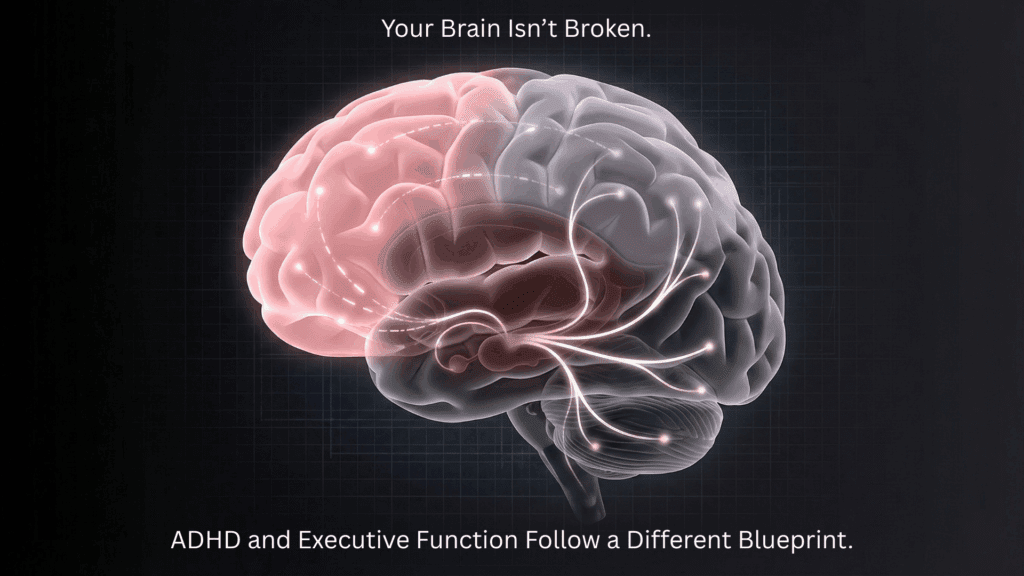 A glowing brain illustration showing how ADHD and executive function follow a different neural blueprint and influence focus and behavior.