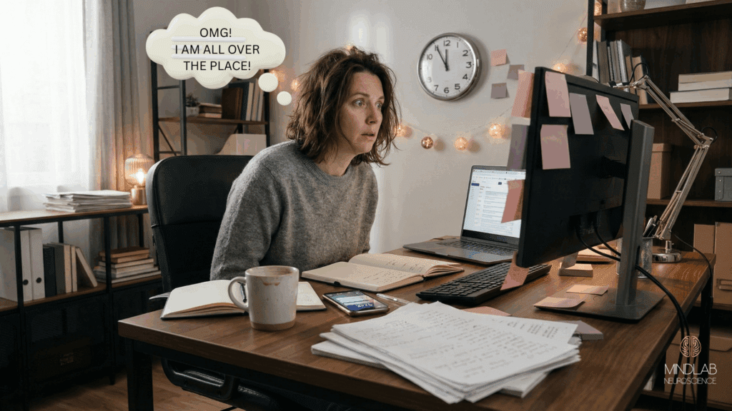 A woman with ADHD and executive function challenges sits overwhelmed at her desk surrounded by clutter, illustrating mental overload.