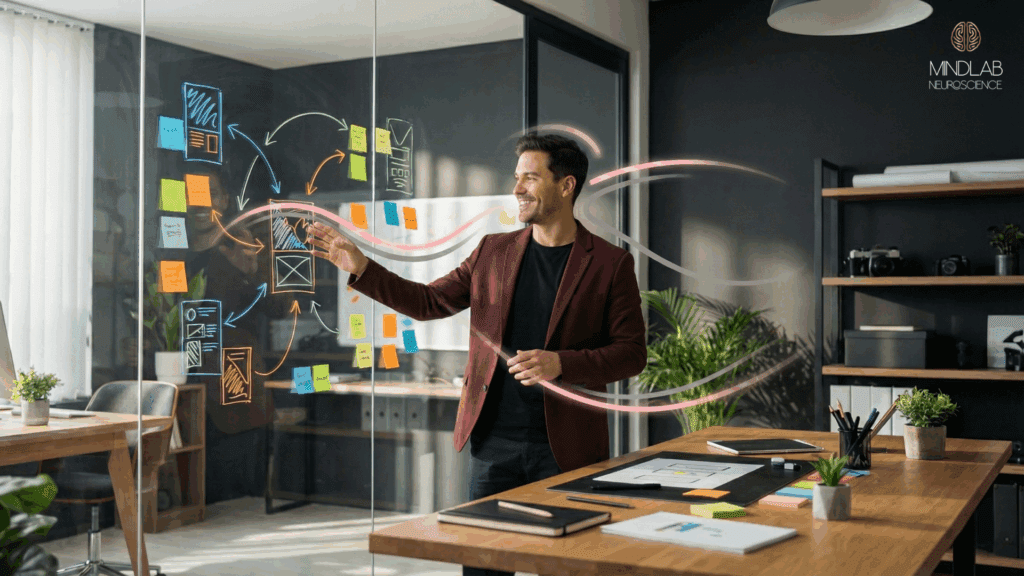 A professional man with ADHD and executive function strengths creates ideas on a glass board, showing creativity and strategic thinking. symbolize innovation and mental flexibility.