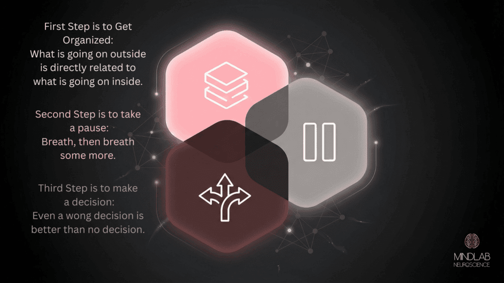 ADHD and executive function are illustrated through a three-step process of organization, pause, and decision-making in glowing hexagon icons. The infographic provides a clear explanation of the regulation of ADHD and executive function.
