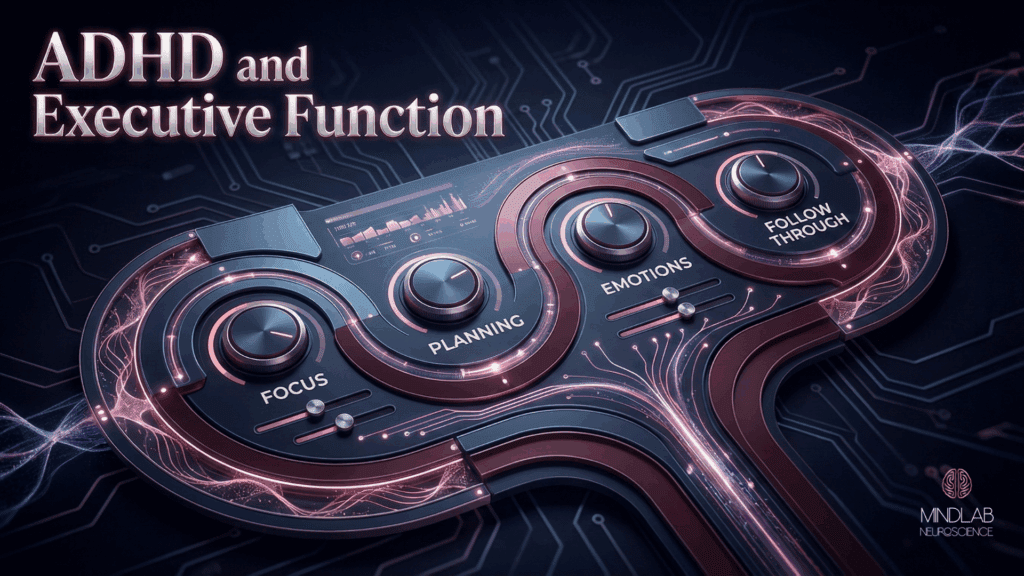 ADHD and executive function are shown as a futuristic control panel for focus, planning, emotions, and follow-through with glowing neural pathways.