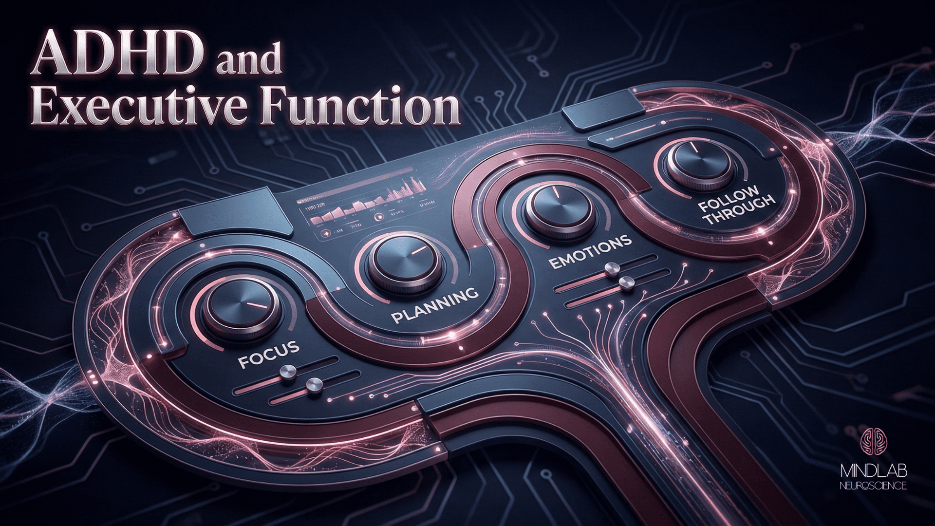 ADHD and executive function are shown as a futuristic control panel for focus, planning, emotions, and follow-through with glowing neural pathways.