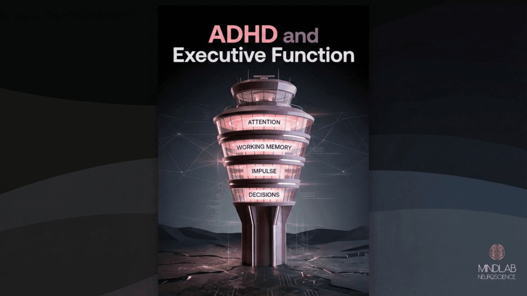 A control tower diagram visually explains ADHD and executive function by stacking attention, working memory, impulse, and decision layers.