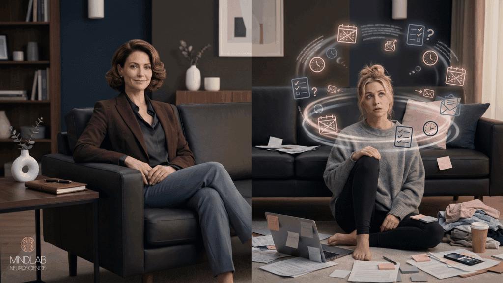 Two women, one organized and composed and the other overwhelmed with swirling tasks, illustrate the contrast between ADHD and executive function.