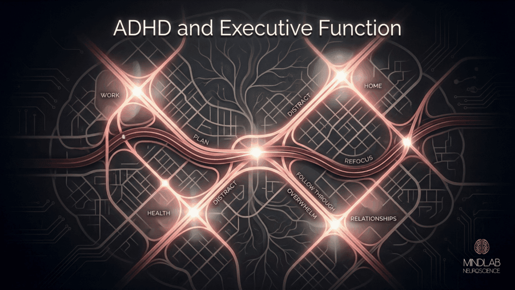 A glowing map visualizes ADHD and executive function as routes between work, home, health, and relationships, showing planned and distracted paths.