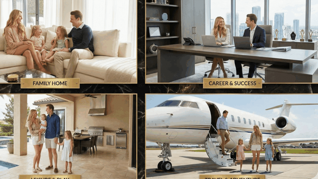 A lifestyle collage showing family, career, leisure, and travel to illustrate how ADHD and executive function influence every life domain.