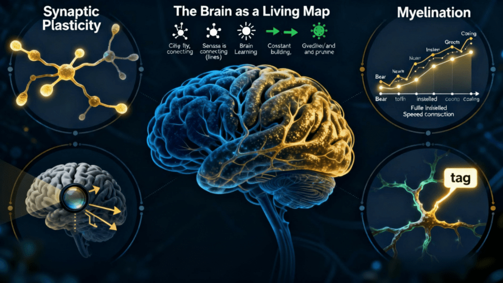Infographic showing synaptic plasticity, myelination, predictive coding, and emotional tagging as core brain learning mechanisms.