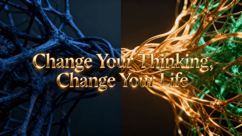 Neural pathways split-screen showing transition from dark tangled distorted thinking to bright, glowing, gold, new thinking patterns.