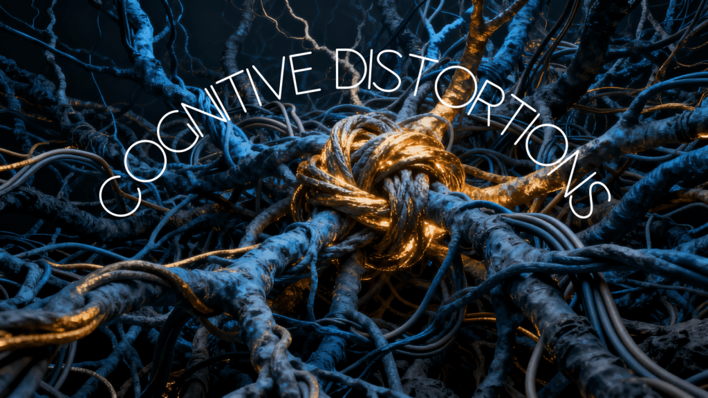 Tangled neural pathways in deep blue with glowing gold knots representing cognitive distortions and stuck thinking patterns.