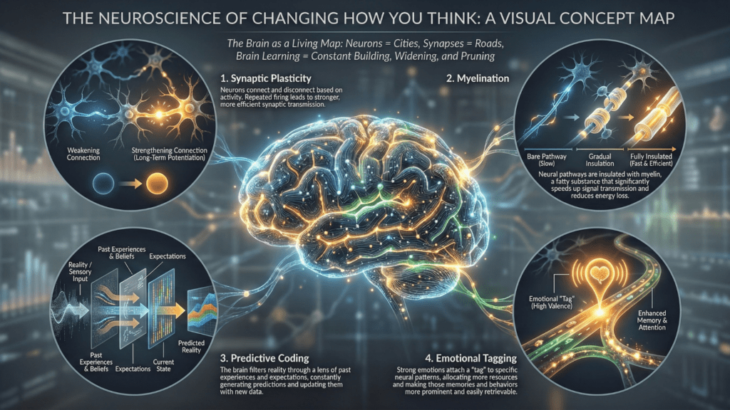 Visual concept map showing the neuroscience of changing how you think: synaptic plasticity, myelination, predictive coding, and emotional tagging.