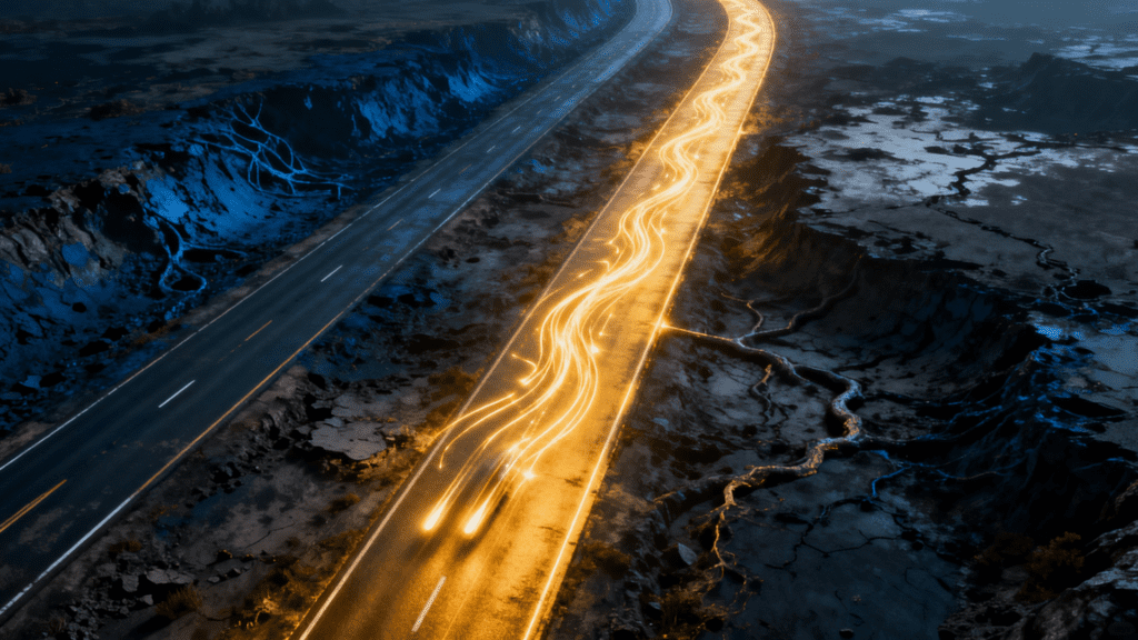 Aerial view of two neural pathways: old worn dark blue route and bright glowing gold new pathway with flowing neural traffic signals.