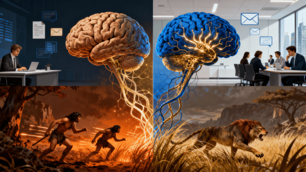 Ancient brain in modern world: prehistoric survival brain creating cognitive distortions in contemporary office and business environments.
