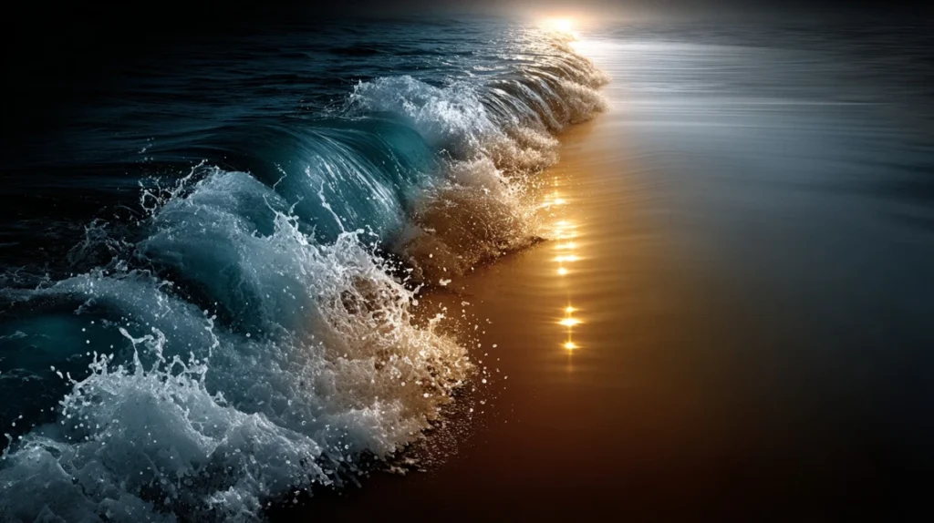 Split view of turbulent dark water versus calm blue water with a gold sphere symbolizing brain optimization.