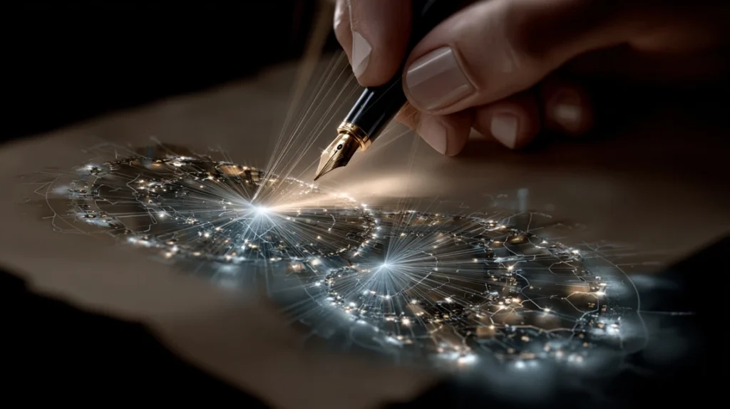 A hand draws a glowing blue spiral over a chaotic brown blueprint, representing a brain optimization plan.