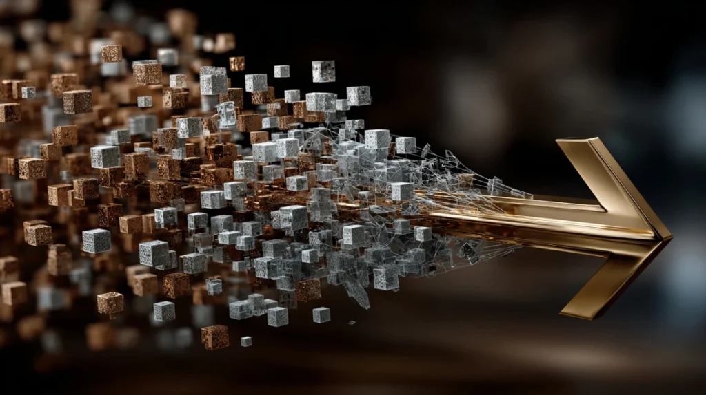 Scattered blue cubes forming a sleek gold arrow to illustrate focus through brain optimization techniques.