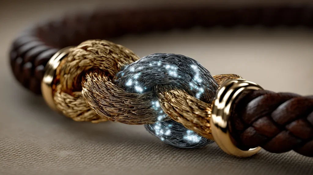 Macro shot of leather, blue light, and gold chain braided together to show the pillars of brain optimization.