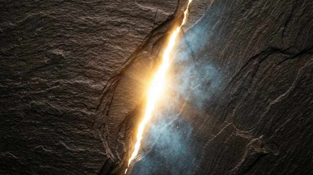 A dark slate wall cracks open to reveal a burst of warm gold and blue light, symbolizing brain optimization.