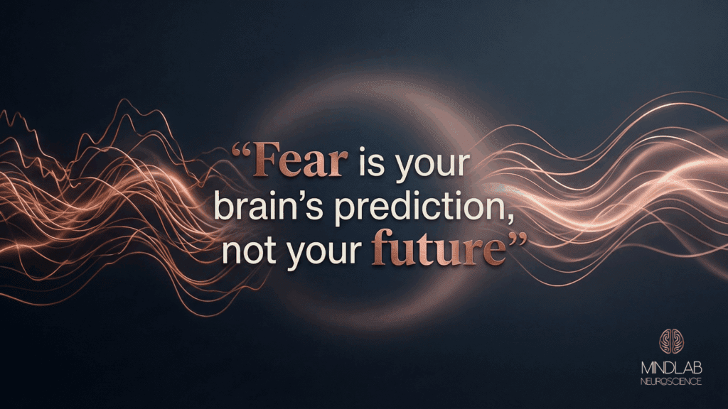 A glowing neural wave design behind the quote “Fear is your brain’s prediction, not your future,” illustrating why your brain rejects change.