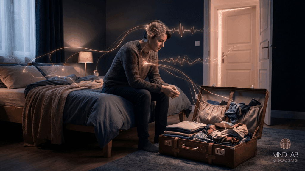 A person sitting beside a packed suitcase as neural waves swirl around them, representing why your brain rejects change during moments of transition.