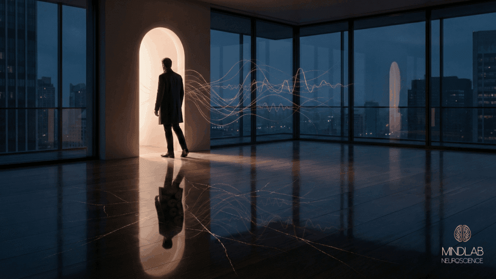 A silhouette stepping toward a doorway of light with neural waves trailing behind, symbolizing why your brain rejects change and fears the unknown.
