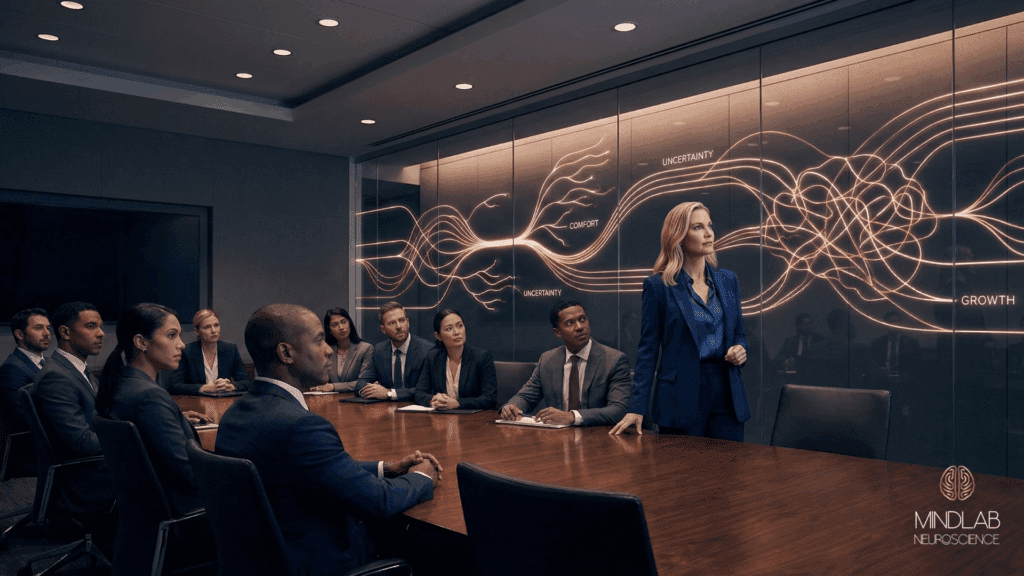 A wall-sized neural pathway illustration behind a group as tangled lines show why your brain rejects change, while smoother lines represent growth.