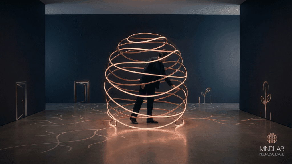 A person surrounded by glowing neural rings in a dark room with multiple doors, symbolizing why your brain rejects change and the neuroscience of fear.