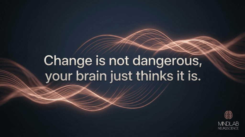 A glowing neural-wave background behind the quote “Change is not dangerous, your brain just thinks it is,” illustrating the neuroscience of fear.