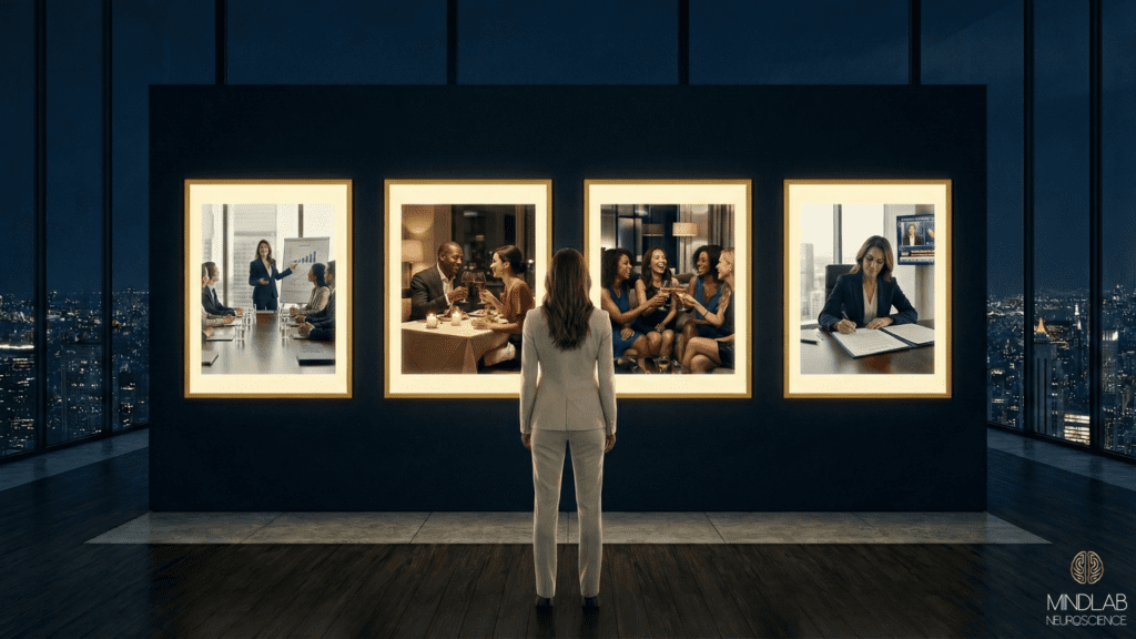 Professional woman viewing four illuminated frames showing business leadership, relationships, wellness, and focused work representing different dopamine menu life choices.
