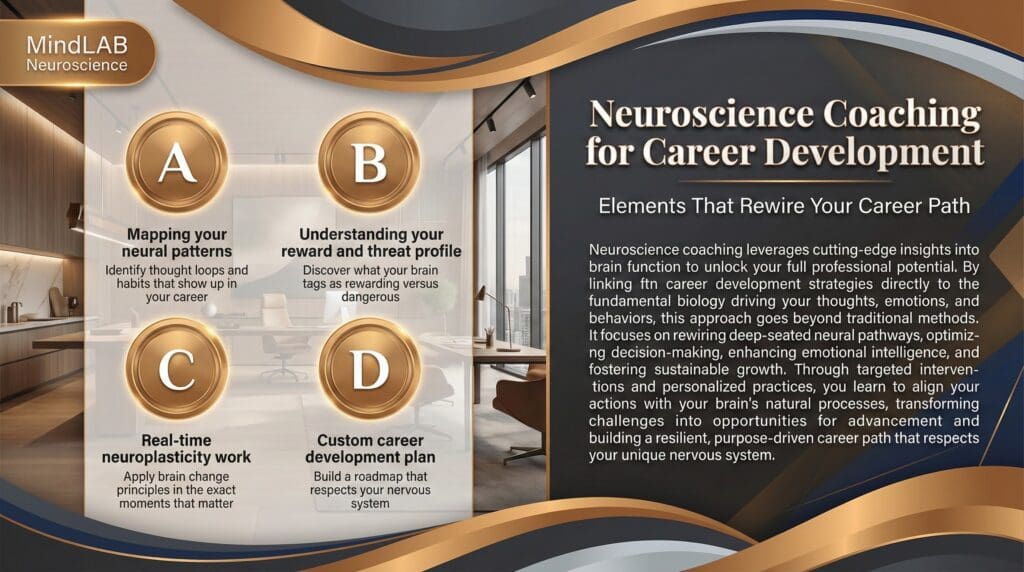 Infographic explaining how neural pathways, threat systems, and reward systems shape career decision-making and next-level career development.