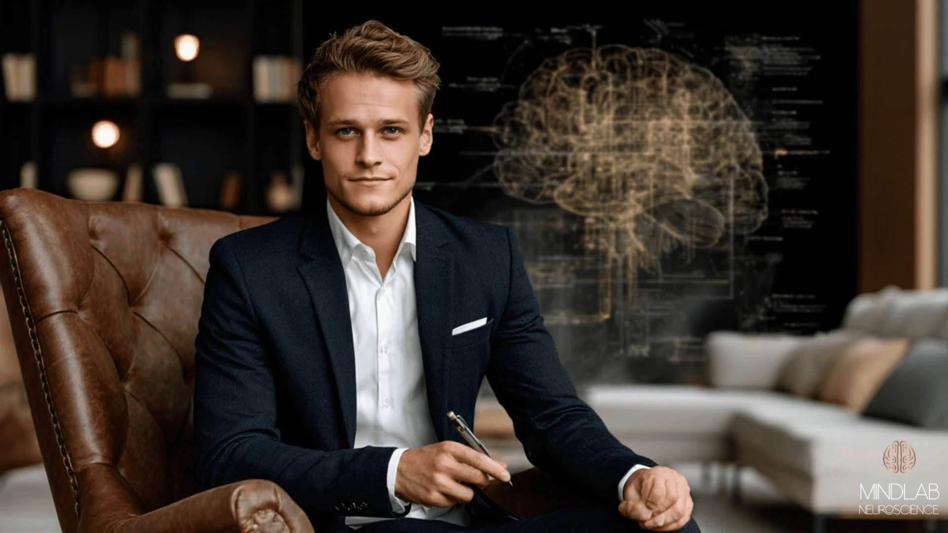 A 30 year old business executive in his high-end office with a faint shadow of a brain behind him after cognitive enhancement coaching.