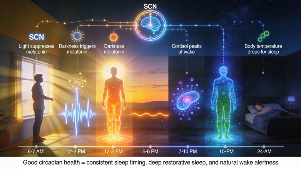 24-hour circadian health cycle showing melatonin and cortisol hormone timing affecting sleep quality, timing, and sleep-wake rhythm