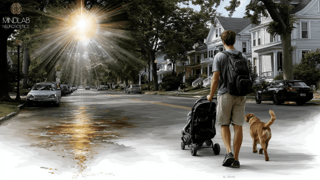Young man with backpack and dog walking sunny neighborhood street symbolizing cognitive enhancement changes you can start today in everyday life.