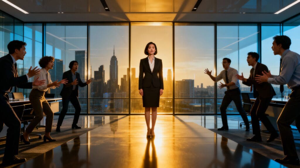 Female executive maintaining emotional composure and cognitive enhancement leadership while the team argues in the office.