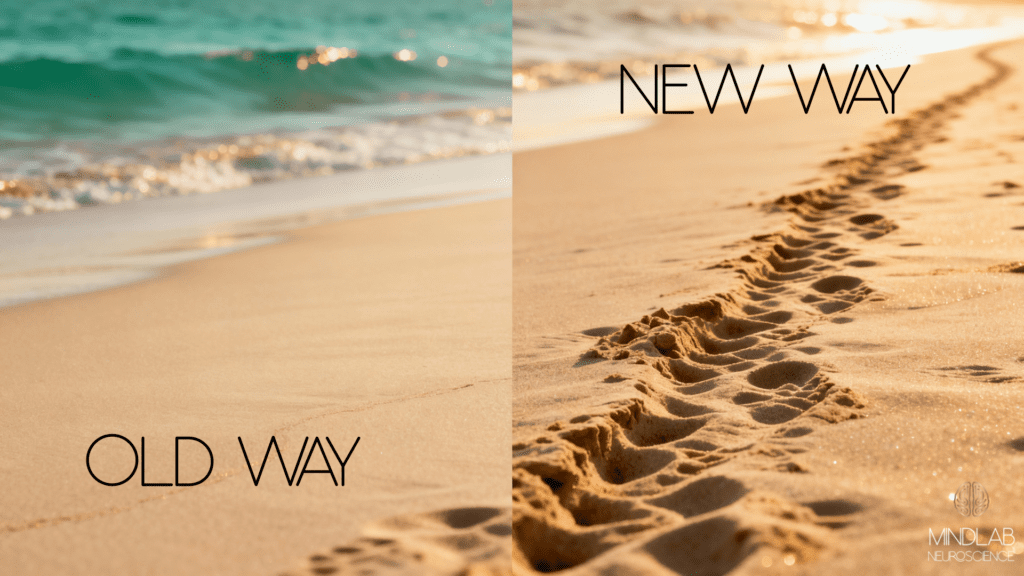 Beach footprints symbolizing cognitive enhancement attention and focus through transformation—old way versus the new way path on a sandy beach with ocean waves.