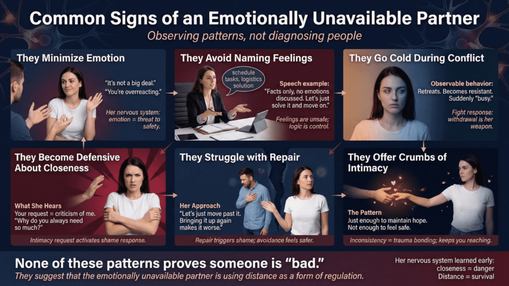 Common signs of emotionally unavailable partner behavior including minimizing emotion, conflict withdrawal, and intimacy avoidance patterns.