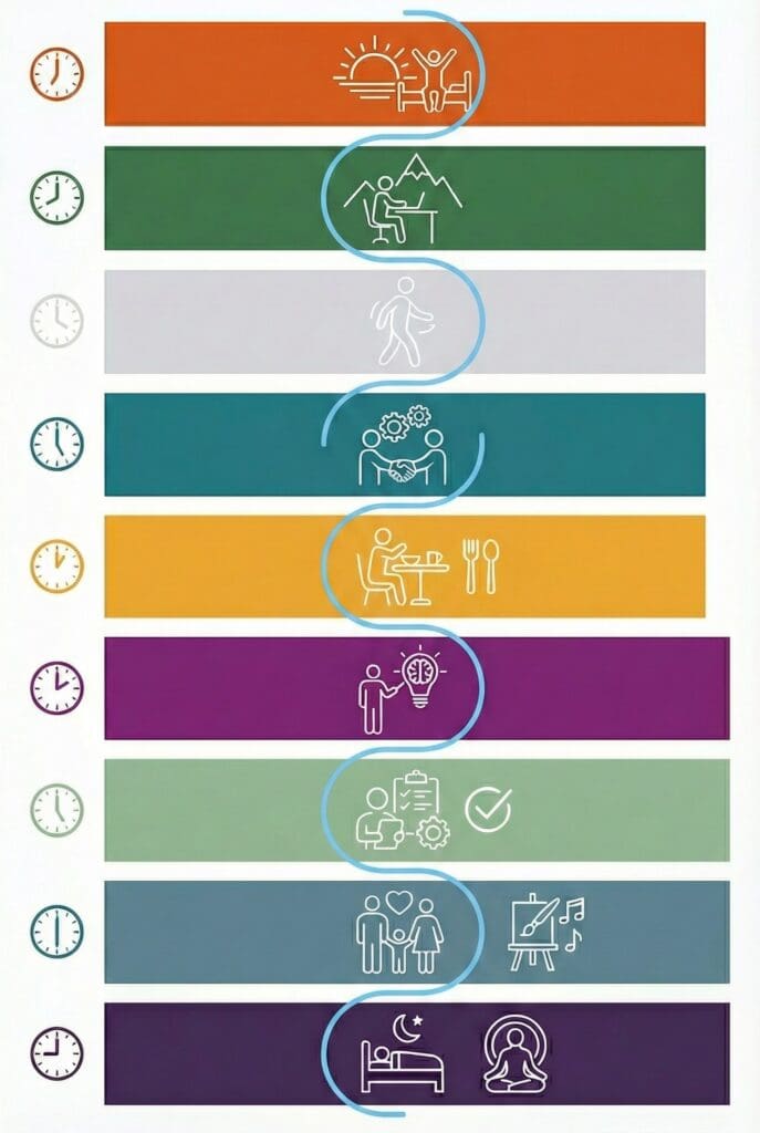 Daily flow state timeline showing nine hourly activities from sunrise through evening sleep, illustrating optimal integration of work, movement, collaboration, nutrition, creativity, and rest.
