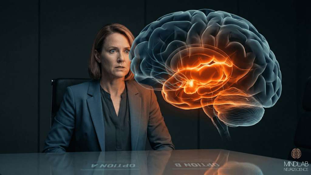Female executive in three-quarter view with semi-transparent glowing brain overlay showing threat-activated amygdala in burnt orange, prefrontal cortex dimmed—visualizing decision fatigue in leaders' neural hijack.