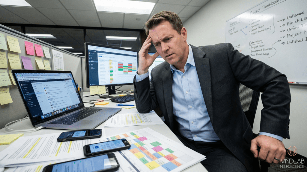 Male executive at desk with both hands covering face, surrounded by overlapping documents, multiple glowing screens, scattered sticky notes—visual representation of working memory collapse from decision fatigue in leaders.