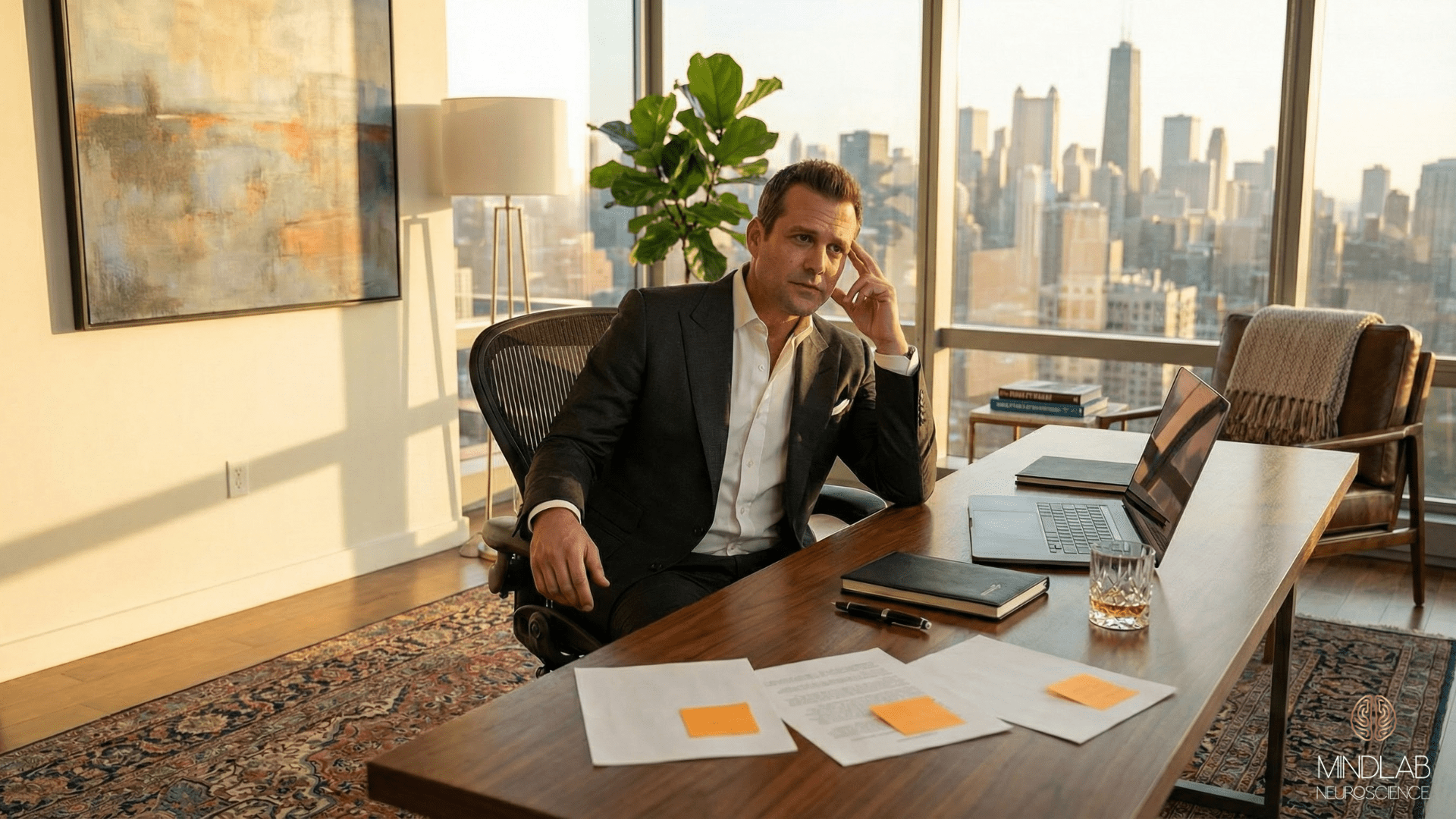 Executive male in deep slate blue suit, hand to temple in high-rise corner office overlooking city skyline at golden hour. Decision fatigue shown through subtle body language.