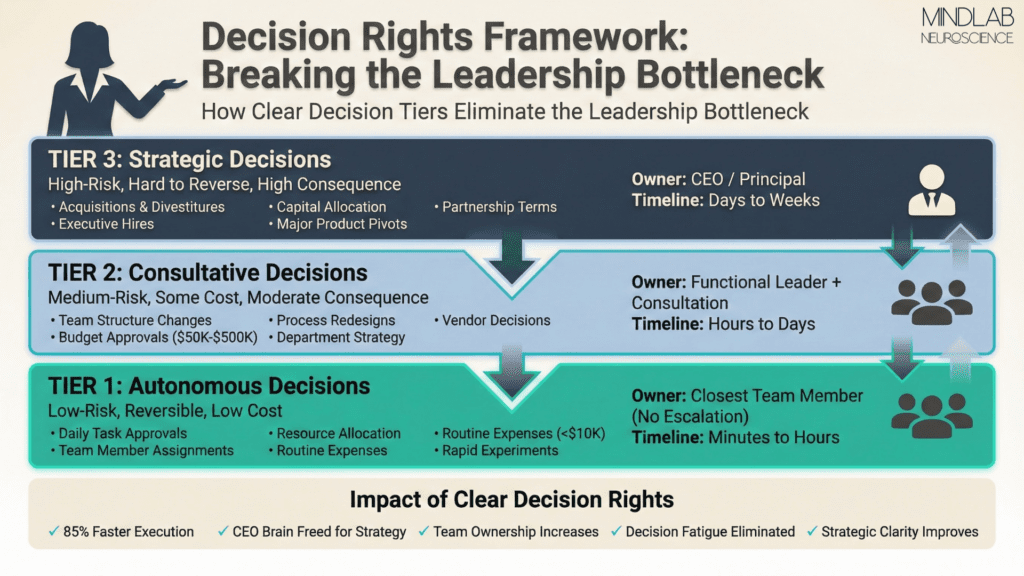 Three-tier decision rights infographic in deep slate blue, pale blue, and teal showing TIER 3 strategic decisions, TIER 2 consultative, TIER 1 autonomous—eliminating decision fatigue in leaders through clear ownership hierarchy.
