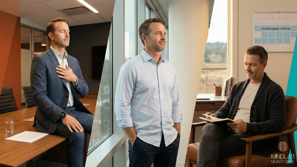 Three-zone sequential composition showing male executive progressing from work-day micro-recovery (5-min breathing), through transitional clarity, to weekend macro-recovery protected time—building sustainable decision fatigue resilience.