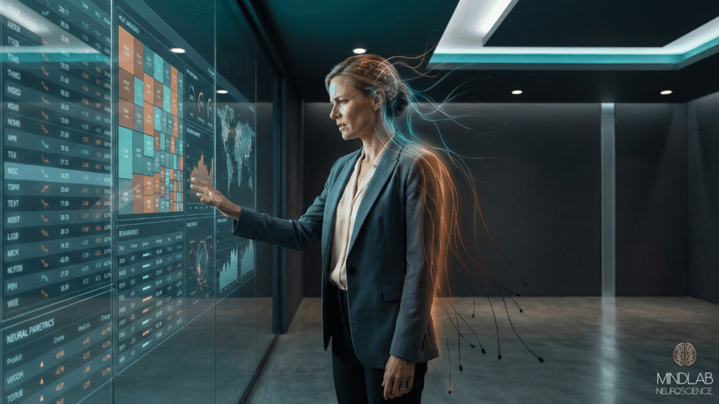 Female executive faces illuminated smart glass boardroom wall displaying real-time financial dashboards, with glowing neural pathway overlay showing brain metabolic depletion from decision fatigue in leaders.