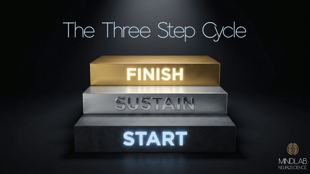 Three glass interface panels displaying levels start sustain and finish for the dopamine anchoring ladder system.