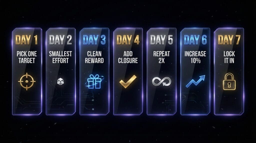The 7-day dopamine anchoring reset infographic timeline shows daily steps from target behavior to locking in the habit.