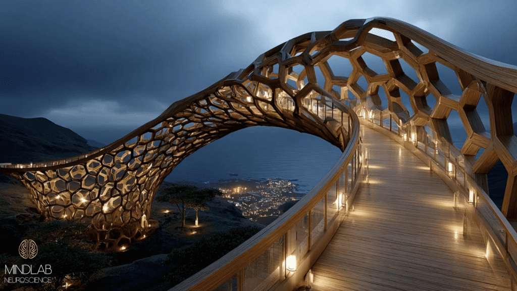 Gold high-tech bridge spanning a dark chasm connecting effort to reward as a visual metaphor for dopamine anchoring.