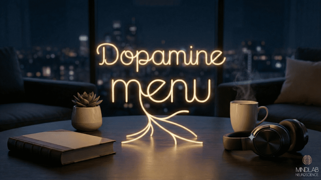 Golden neon dopamine menu sign on desk with coffee, headphones, plant, and journal overlooking city skyline at night.