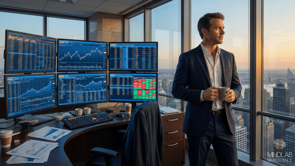 High-performing executive in high-rise office holding coffee, looking out at city with trading screens visible, representing dopamine menu for sustained peak performance and clarity.

